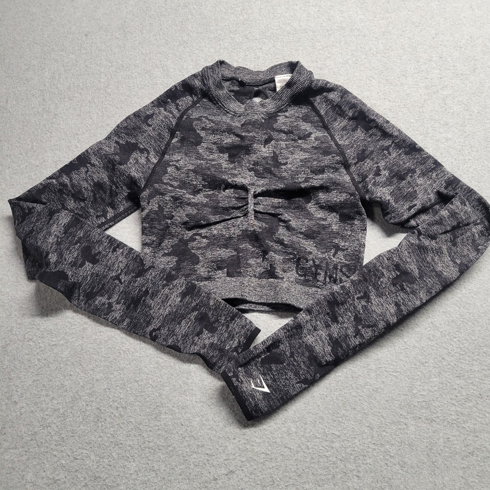 Gymshark Womens Camo Seamless Long Sleeve Crop‎ Top Grey Black Small Gym